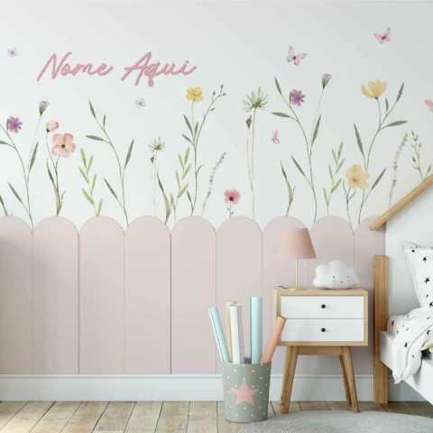 Papel de Parede Flores e Ramos com Arcos Geométricos e Nome - comprar online