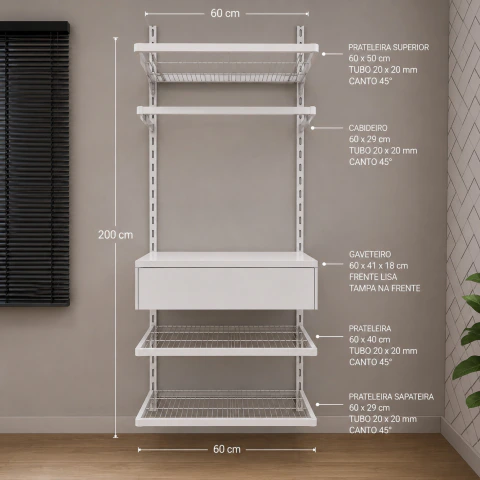 Kit Closet Aramado 0,60 x 2,00 mt 1 Gaveteiro Branco 20x20