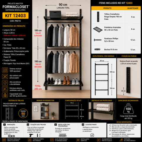 Kit Closet Aramado 0,90 x 2,00 mt 2 Cabideiro Preto 20X20