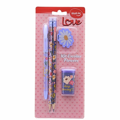 Kit Escolar Love Flowers com 5 Itens - Molin - Roxo