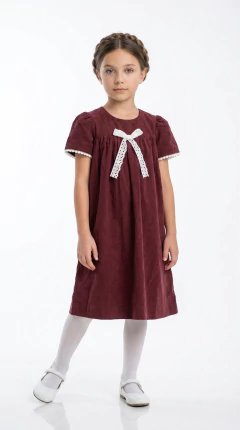 Vestido Veludo cotelê com laço e manga curta Cloe Bordô na internet
