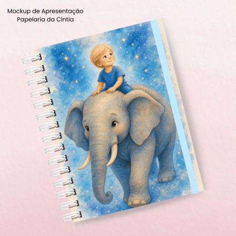 Caderno Infantil Personalizado - Menino Loiro no Elefante