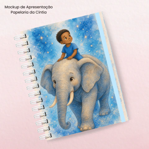 Caderno Infantil Personalizado - Menino Negro no Elefante