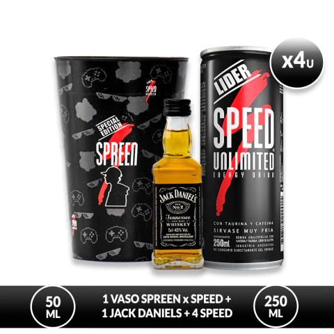 Combo de 1 botella miniatura de whisky Jack Daniels 50ml con 4 latas de Speed Unlimited 250ml