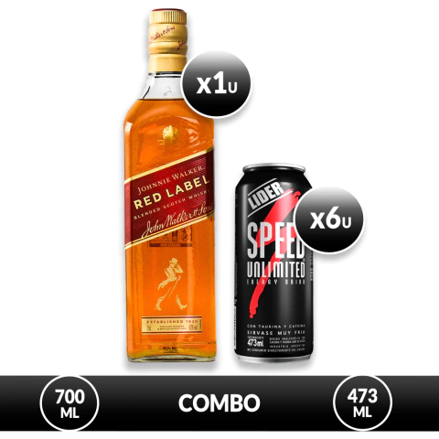 Combo con botella de whisky Johnnie Walker Red Label 750 ml y seis latas de bebida energética Speed XL 473 ml