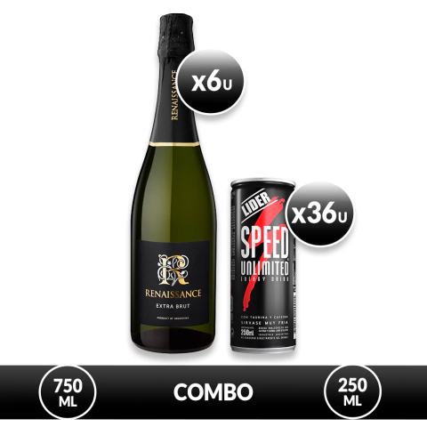 Combo de 6 botellas de Champagne Renaissance Extra Brut de 750 ml y 36 latas de bebida energética Speed de 250 ml.