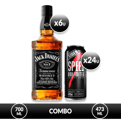 Combo de 6 botellas de whisky Jack Daniel's de 700ml y 24 latas de bebida energética Speed de 473ml.