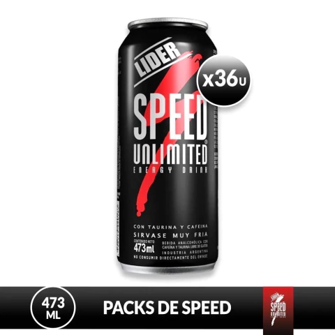 Lata negra de bebida energizante SPEED UNLIMITED de 473 ml con diseño rojo y blanco, pack ahorro de 36 unidades