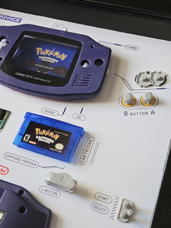 Quadro Game Boy Advance com componentes desmontados, tema do jogo Pokémon Sapphire.