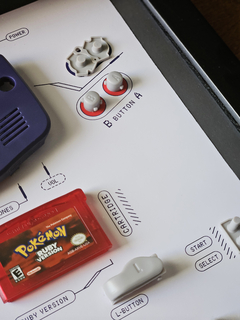 Quadro Game Boy Advance componentes desmontados, tema do jogo Pokémon Ruby