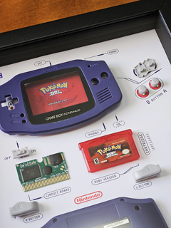 Quadro Game Boy Advance componentes desmontados, tema do jogo Pokémon Ruby