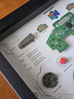 Quadro controle do videogame Nintendo 64 com as peças desmontadas e emoldurado