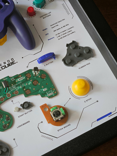 Quadro controle do videogame Nintendo GameCube com as peças desmontadas e emoldurado