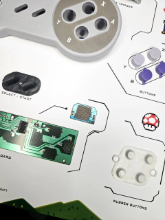 Quadro exclusivo do controle de videogame Super Nintendo Entertainment System (SNES) + cartucho plástico de Super Mario World e arte com o tema do game.