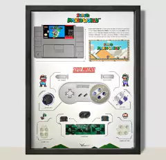 Quadro exclusivo do controle de videogame Super Nintendo Entertainment System (SNES) + cartucho plástico de Super Mario World e arte com o tema do game.