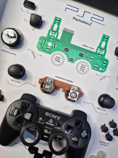 Kit de quadros exclusivo dos controles PlayStation 1, PlayStation 2 (dualshock 2), PlayStation 3 (dualshock 3) e PlayStation 4 (dualshock 4) da Sony, cuidadosamente desmontados para revelar seus componentes internos.