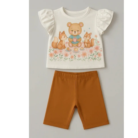 Conjunto Infantil Menina Verão Blusa e Short Pic Nic Da Ursa KUKIÊ
