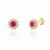 Brinco halo com zircônia central rosa e halo cravejado de pedras brancas, banhado em ouro 18k, com tarraxa borboleta.