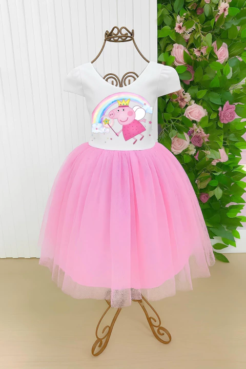 Vestido temático com tuli, / PEPPA PIG - super luxo Rodado, forrado e com nágua por de baixo, com laço acolchoado nas costa