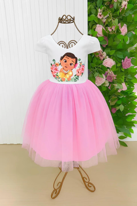 Vestido temático com tuli, / MOANA BABY - super luxo Rodado, forrado e com nágua por de baixo, com laço acolchoado nas costa