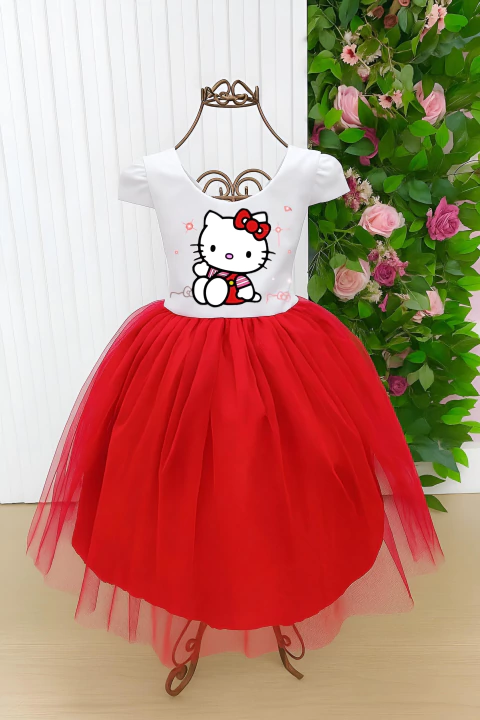 Vestido temático com tuli, / HELLO KITTY - super luxo Rodado, forrado e com nágua por de baixo, com laço acolchoado nas costa