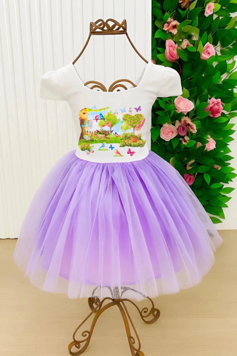 Vestido temático com tuli, / JARDIM ENCANTADO - super luxo Rodado, forrado e com nágua por de baixo, com laço acolchoado nas costa