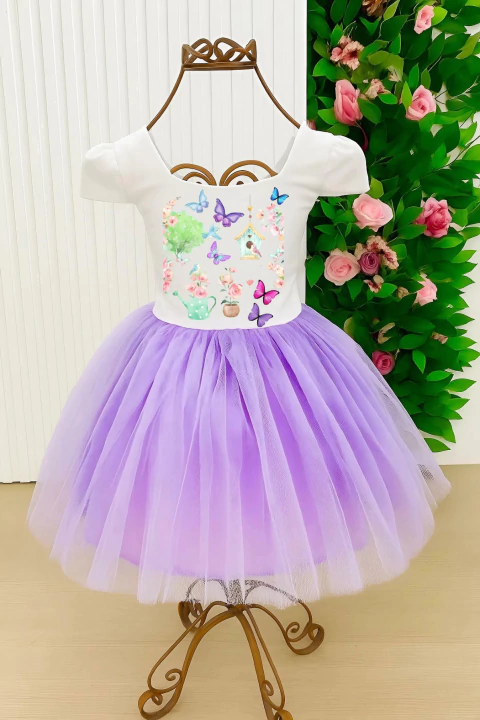 Vestido temático com tuli, / JARDIM ENCANTADO - super luxo Rodado, forrado e com nágua por de baixo, com laço acolchoado nas costa