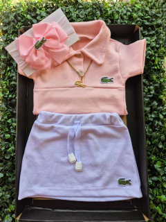 Conj Lala Baby | Body Polo Rosa + Saia Branca - loja online