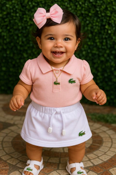 Conj Lala Baby | Body Polo Rosa + Saia Branca - comprar online