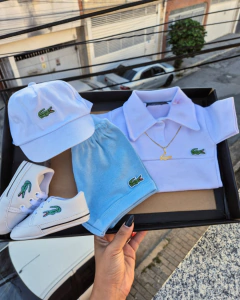 Conj Mandrake | Body Polo Branco + Shorts azul - Baby Glub