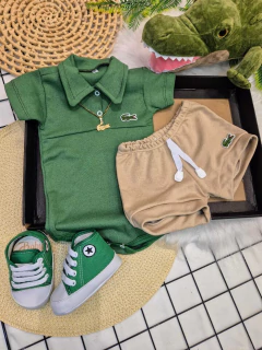 Conj Mandrake | Body Polo Verde + Shorts Bege na internet