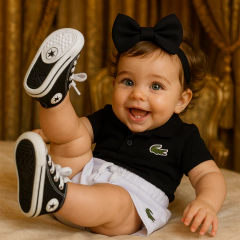 Conj Lala Baby | Body Polo Preta+ Saia Branca