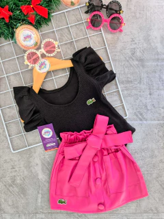 Conjunto Body Canelado com Manga Princesa + Saia de Couro ✨ - loja online
