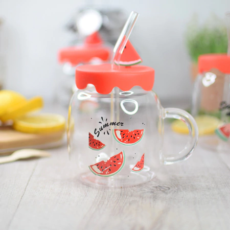 [CL605] TAZAS DE VIDRIO CON TAPA "WATERMELON SMOOTHIE"