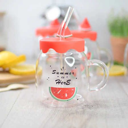 [CL605] TAZAS DE VIDRIO CON TAPA "WATERMELON SMOOTHIE" - comprar online