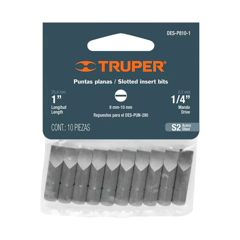 Set Puntas Planas 1/4'' x 10u 1'' Largo 25 Mm Truper 17817