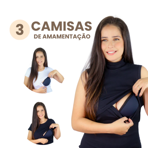 Kit com 3 Camisas de Amamentação - Gola Alta e Manga Curta - comprar online