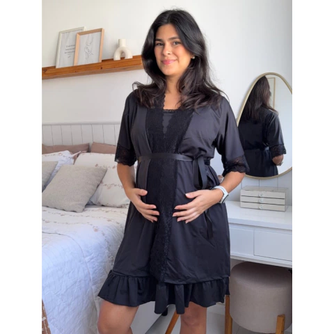 Camisola com Robe Amamentação - Preto - comprar online