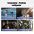 Montagem mostrando quatro funcionalidades do gimbal DJI RS4 Mini: manutenção do sujeito no frame durante filmagem esportiva, montagem magnética do módulo de rastreamento na câmera, início de gravação com um gesto da mão e rastreamento de até 10 metros de 