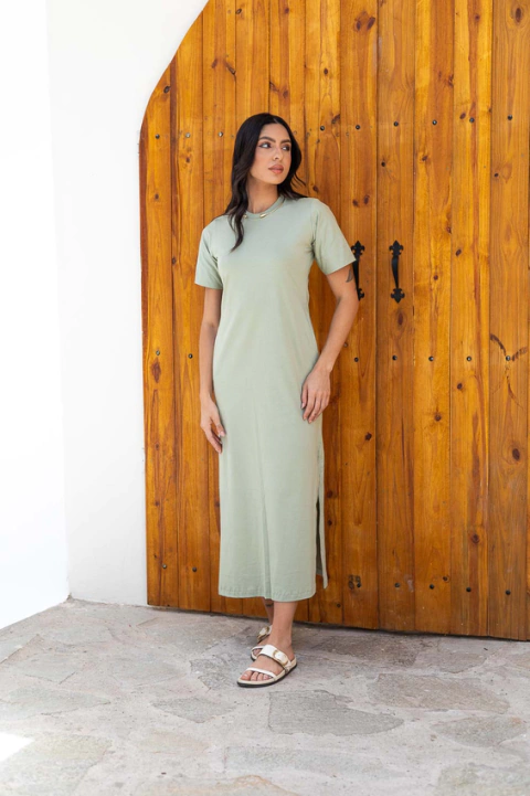 Vestido midi de mangas verde folha seca - comprar online