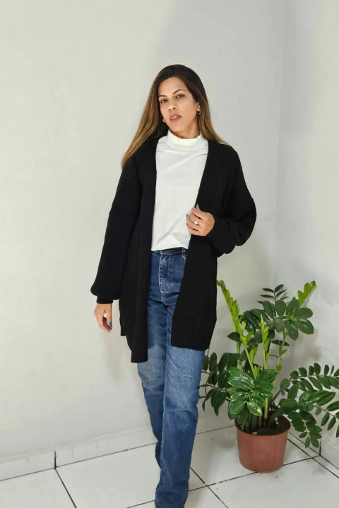 Cardigan feminino longo tricô mousse preto - comprar online