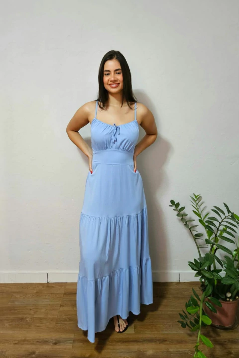 Vestido longo três marias azul bebê laço - comprar online