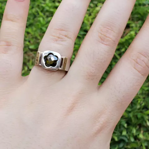 Anillo Plata Y Oro Tipo Flor Piedra Verde Mujer cod1155
