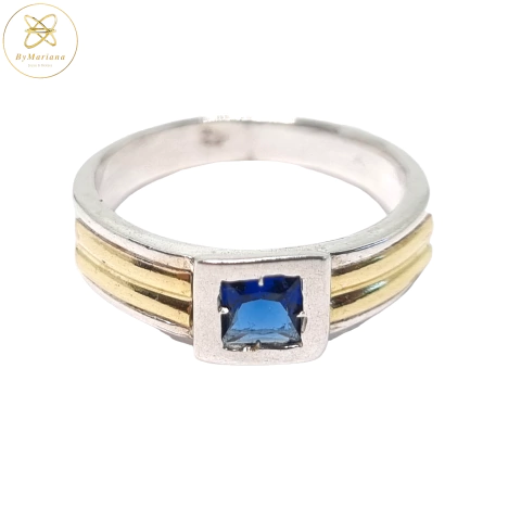 Anillo Plata Y Oro con Cubic Azul Cuadrado cod2548