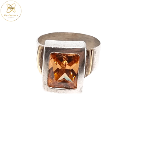 Anillo Plata Y Oro con Piedra Rectangular Grande Ambar cod1188