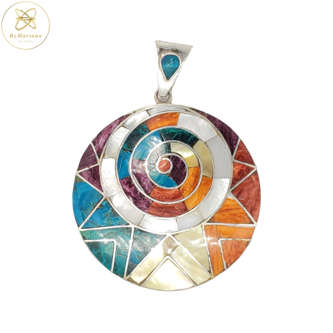 Dije Plata Peruana En Espiral con Piedras Multicolor Mujer cod1514