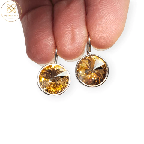 Aros Swarovski Plateado Bella Rivoli Ambar 13 mm Brisura cod4220