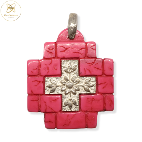 Dije Plata Resina Cruz Equilibrio Rosa 35 mm cod2385