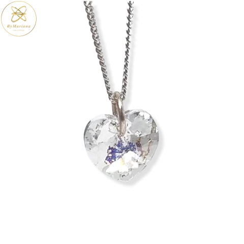 Cadena Plata + Dije Corazon Swarovski Transparente con Patina 10 mm cod3023