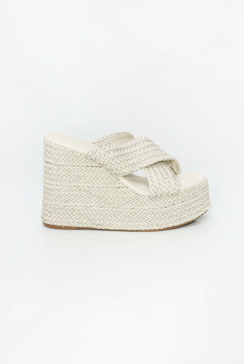 Isabela - Sandália Salto Anabela Tramado Feminino Off White - comprar online